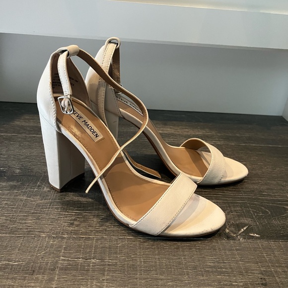 Steve Madden White Leather Ankle Strap Block Sandal Heels - Picture 1 of 6